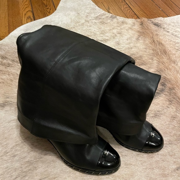 Chanel Foldover Knee High Cap Toe Chain Wedge Heel Boots - Picture 9 of 11